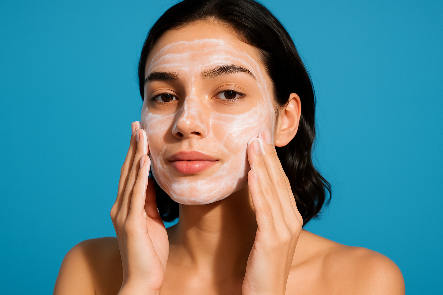 ego young perfect model cleansing face with cleanser bright blue bacroung
