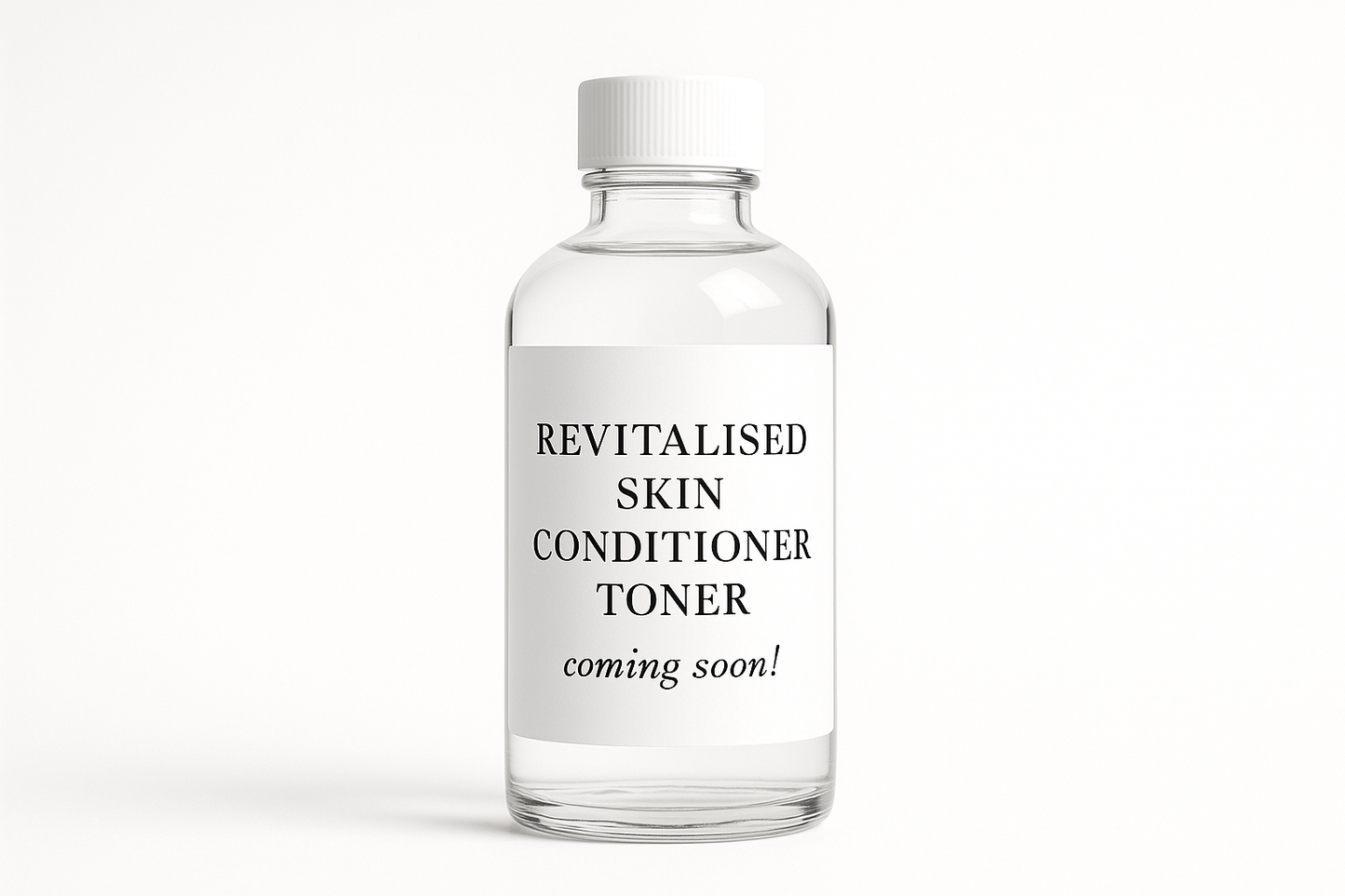 generate an image in 3d drawing white transparent bottle with white lid and white label with the text :REVITALISED SKIN CONDITIONER TONER coming soon ! pure white background