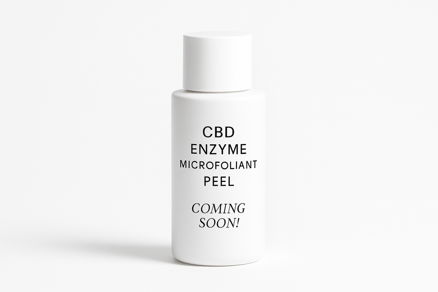 white bottle with white clean background and with text of CBD ENZYME MICROFOLIANT PEEL coming soon !