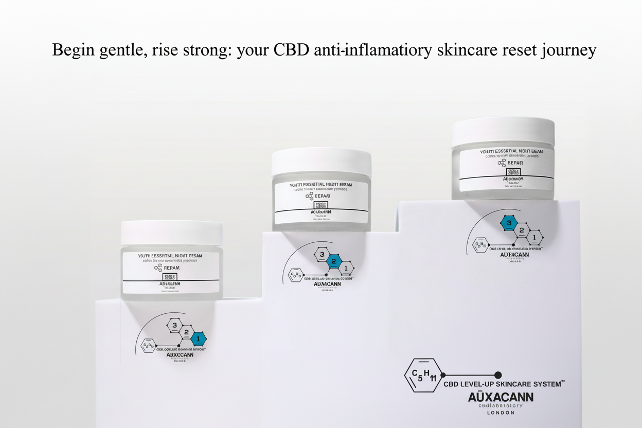 Set of Auxacann skincare products on a white background