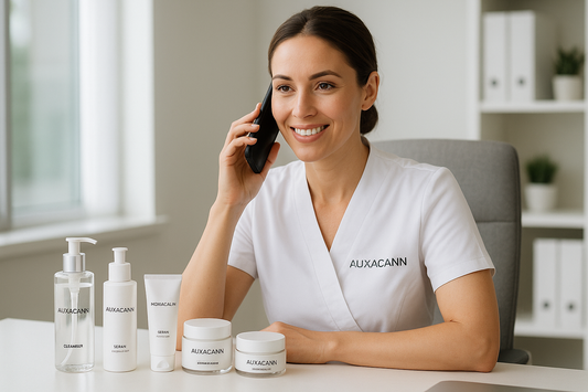 create a realistic looking model who is virtual skincare specialist recommending our skincare over the phone. on her close is text AUXACANN  Omn the desk she has our skincare range - with label text AUXACANN. the whole image must look real. 