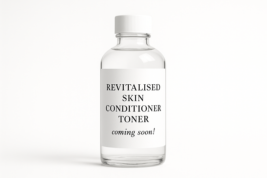 generate an image in 3d drawing white transparent bottle with white lid and white label with the text :REVITALISED SKIN CONDITIONER TONER coming soon ! pure white background 