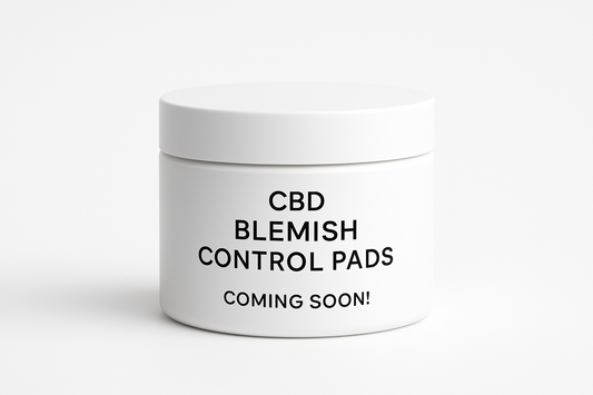 generate an image of the white small cosmetic plastic white jar with plane pure white bacround and text on the bottle is CBD BLEMISH CONTROL PADS , coming soon !